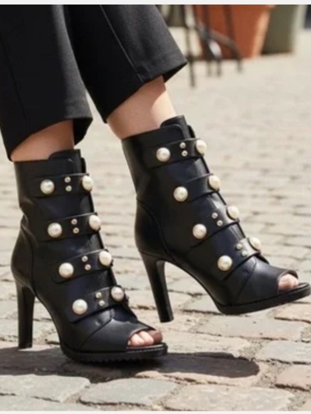Karl Lagerfeld Paris Brayden Black Leather Peep-Toe Booties Size 6.5